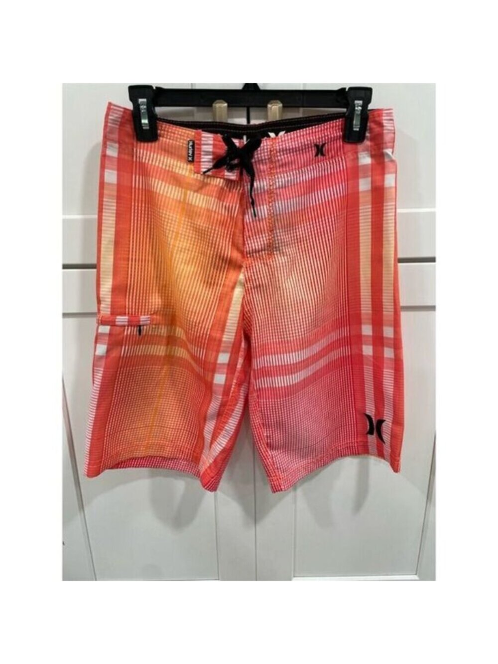 Hurley Boys' Plaid Board Shorts Size 16 Orange/White/Black Drawstring Waist